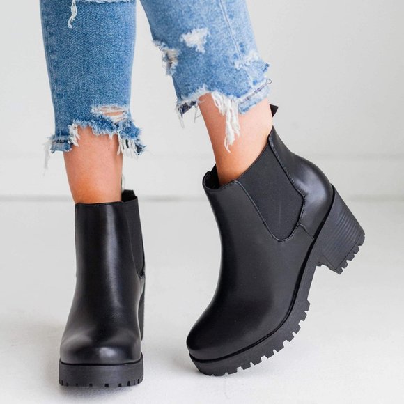 NEW🔥Black Lug Sole Platform Combat Chelsea Ankle Boot Booties Chunky Block Heel - Picture 5 of 10